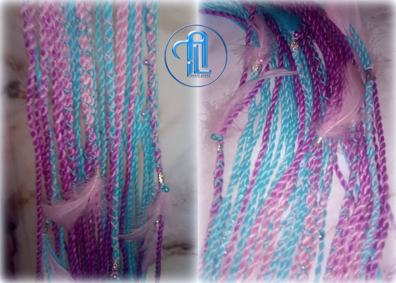 Ponytail Hair Fall Extensions Pink Ombre Purple Blue Elements Accents Feathers senegalese twist braids hair scrunchie gender reveal