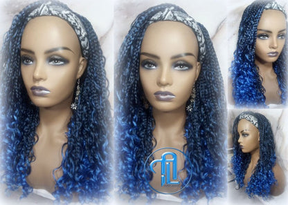 Blue Ombre Headband Braid Wig Goddess Box Braids Mermaid Boho curly bohemian braids Gradient Hair Short Curly 14 16in Viking Braids
