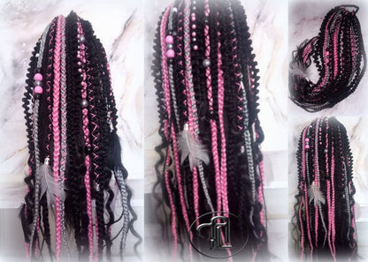 Ponytail Hair Fall Extensions Black Pink Grey Ombre Elements Accents Feathers synthetic box braids hair scrunchie clip in Clip on Braids