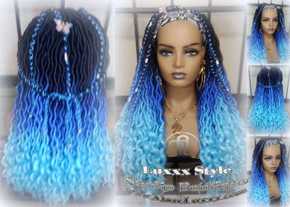 Headband Wig Blue Ombre Gradient Goddess Faux Locs Dreadlock Wig Mermaid curly long winter summer braids wig Blue Rainbow Wig Drag Queen Wig