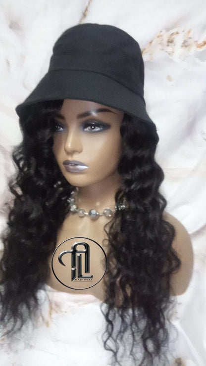 Bucket Hat Deep Wave Human Hair Black Wavy Hair Alopecia Chemo Hair Thinning Fisherman Hat Long Human Hair protective style Easy to wear