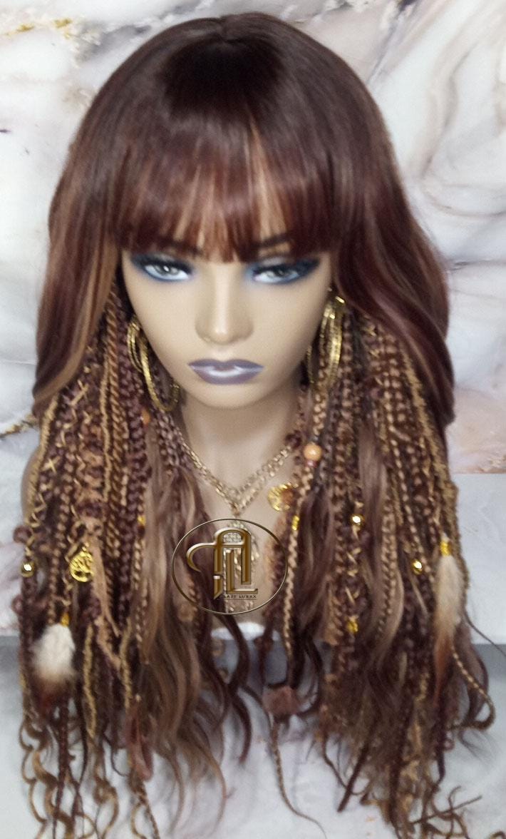Dread Braid Full Wig Bangs Twist Soft Crochet Boho Synthetic Bohemian Dark Root Ombre Brown Blonde Long Wavy Curly Balayage Wig