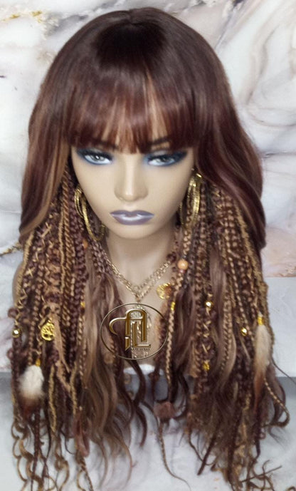Dread Braid Full Wig Bangs Twist Soft Crochet Boho Synthetic Bohemian Dark Root Ombre Brown Blonde Long Wavy Curly Balayage Wig