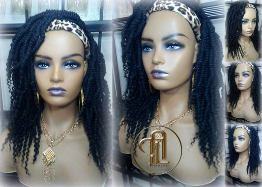 Headband Wig 14in' Passion Twist Short Black 1B Mini Small Fluffy Irregular Bomb Spring Bohemian Boho Water Wave twist hair Ready to Ship