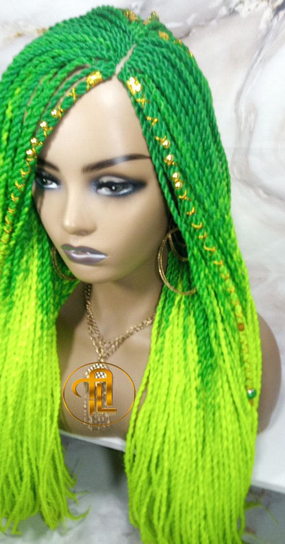 Ombre Senegalese Green Florescent Gradient Chartreuse Slime Green Twist Braid Wig Small Long Unicorn Braids Neon Festival EDC