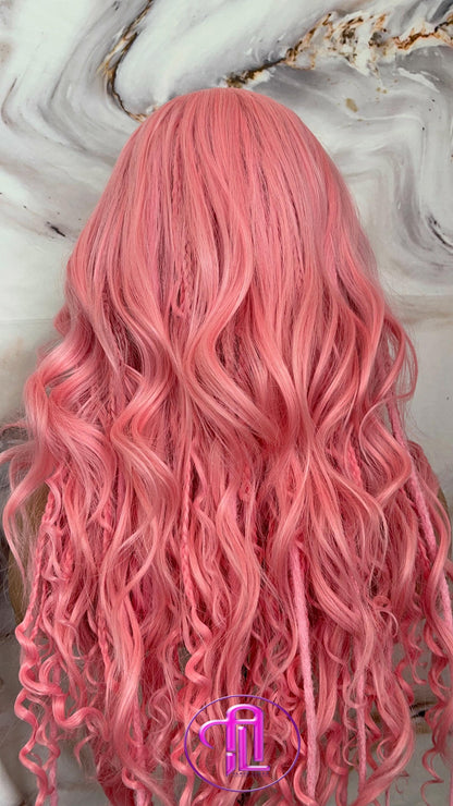 Pink Dread Braid Wig With Bangs – Long Synthetic Boho Glam Wig Chain Snake Goddess Loc Braid Wavy Curly