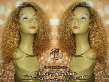 Dark Roots Ombre Honey Blonde 27 Short Curly Kinky Deep Wave Wig Virgin Hair Lace Closure Shoulder Length Balayage Baby Hairs
