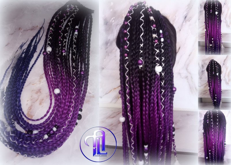 Black Purple Blue Ombre Braids Extension on Hairband Hair Tie Rave Dread Ponytail Boho Hair Falls RenaissanceAccents Feathers synthetic