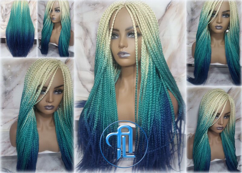 Box Braid Wig Creamy-White Blonde Lake Blue Royal Blue Braid Wig Long  Ombre Blonde Creamy Green Turquoise Blue Mermaid Hair Multi Color