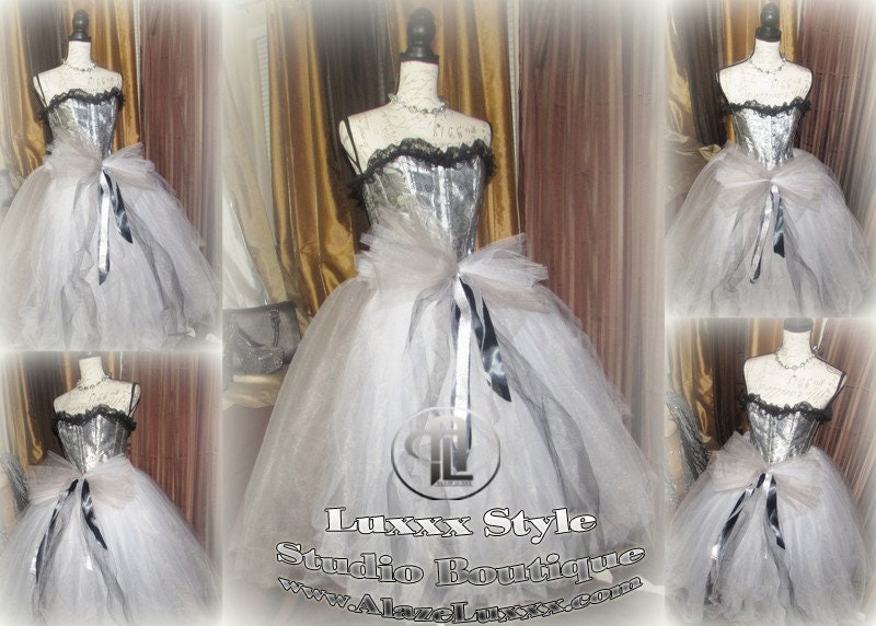 Burlesque Wedding Prom Party Dress Quinceanera Cosplay EDC RAVE Festival Silver White TuTu Tulle Corset Skirt Sweet16 Bridesmaid Homecoming