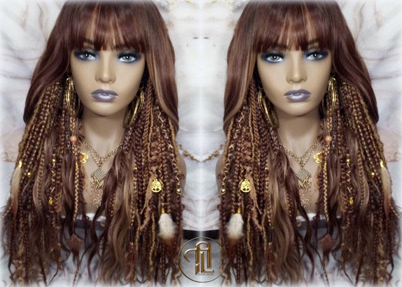 Dread Braid Full Wig Bangs Twist Soft Crochet Boho Synthetic Bohemian Dark Root Ombre Brown Blonde Long Wavy Curly Balayage Wig