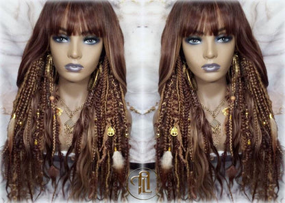 Dread Braid Full Wig Bangs Twist Soft Crochet Boho Synthetic Bohemian Dark Root Ombre Brown Blonde Long Wavy Curly Balayage Wig