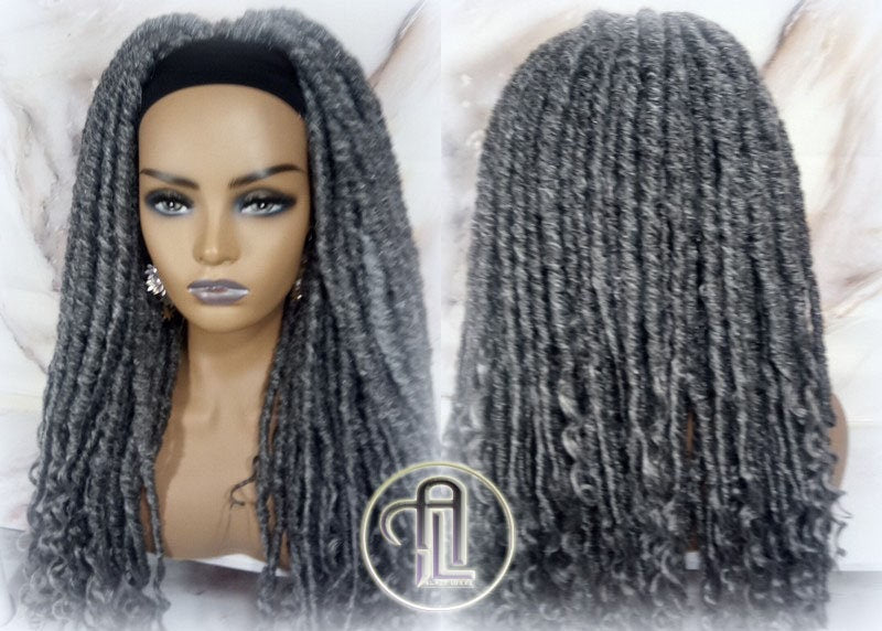 Headband Wig Fluffy Goddess Faux Dread Locs Salt N Pepper 44 51 Gypsy Boho Silver Grey Gray Platinum Storm Wig Unit Wavy Ready to Ship