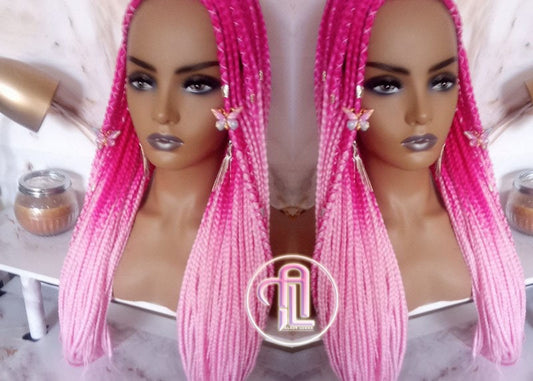 Ombre Box Braids Cornrow Fulani braided Light Hot Pink Mermaid Princess Wig  Synthetic hair Lace Part Wig  extensions stage hair wig Barbie