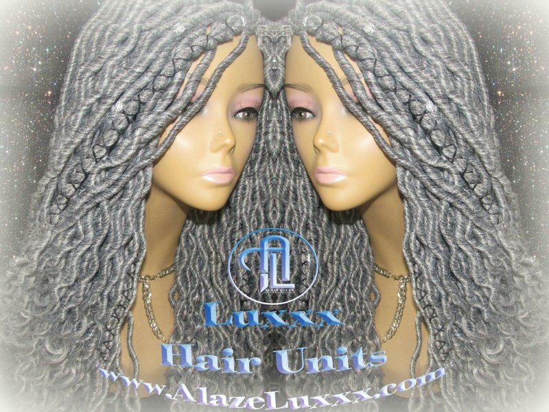Storm Silver Grey Gray 44 51 Platinum Storm Gypsy Bohemian Boho Goddess Faux Dread Locs Wig Unit Wavy Dred  Ready to ship