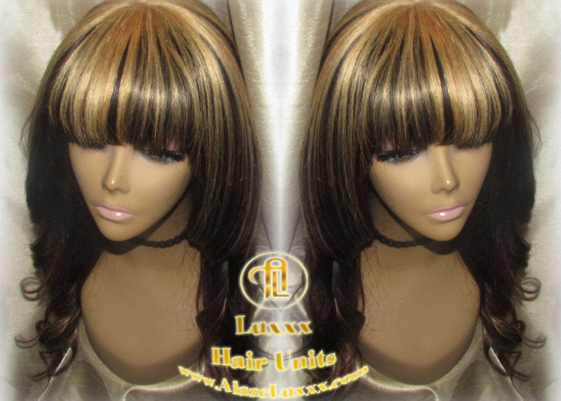 China Chinese Bang Virgin Hair Unit Wig Brown Honey Blonde Ombre Straight Hair Highlights Balayage Brown 27  dark roots Alopecia Wig Stylist