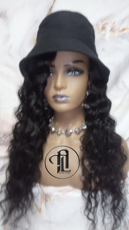 Bucket Hat Deep Wave Human Hair Black Wavy Hair Alopecia Chemo Hair Thinning Fisherman Hat Long Human Hair protective style Easy to wear