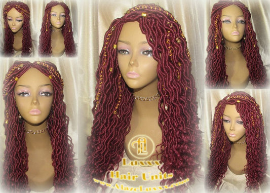 Braided Wig Rich Red Burgundy Gold Goddess Faux Loc Alopecia Hair Thinning Cancer Wigs Protective Box Braid Kinky Twist Crochet Braided Wig