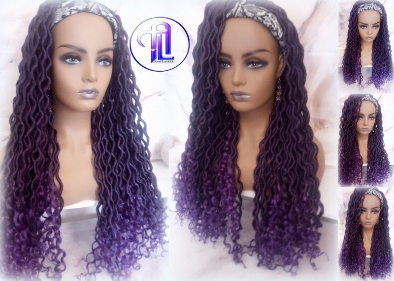 Headband Wig Viking Ombre Goddess Boho Locs  Black Purple Faux Locs Crochet Synthetic Dread Curly Ends Braided Hair Fall