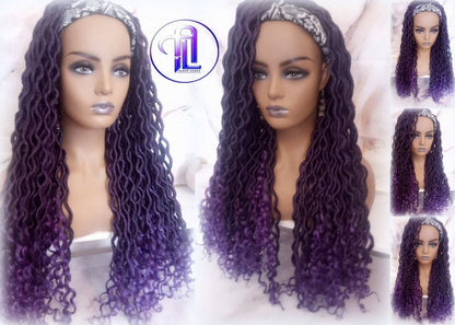 Headband Wig Viking Ombre Goddess Boho Locs  Black Purple Faux Locs Crochet Synthetic Dread Curly Ends Braided Hair Fall