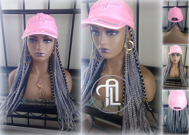 Silver Grey Black Box Braid Hat Wig  Gym Hat Baseball Cap Braided Hat Wig Women Hair Summer Winter Hat Hair Cap Wig Hat Chemo Hat Alopecia