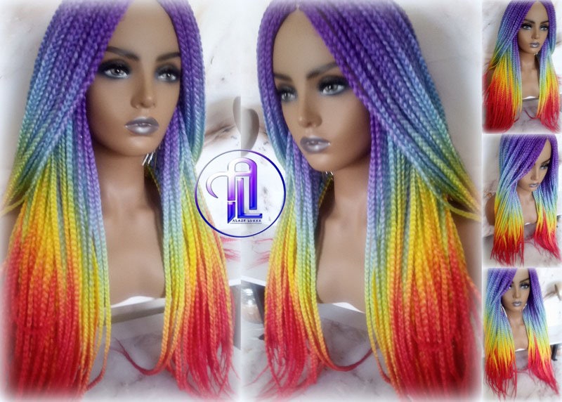 Rainbow Mermaid Purple Blue Yellow Orange  Wig Box Braids braided Synthetic hair Lace Part Wig Pride Ready to Ship LGBT Pride