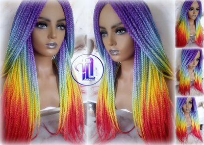 Rainbow Mermaid Purple Blue Yellow Orange  Wig Box Braids braided Synthetic hair Lace Part Wig Pride Ready to Ship LGBT Pride