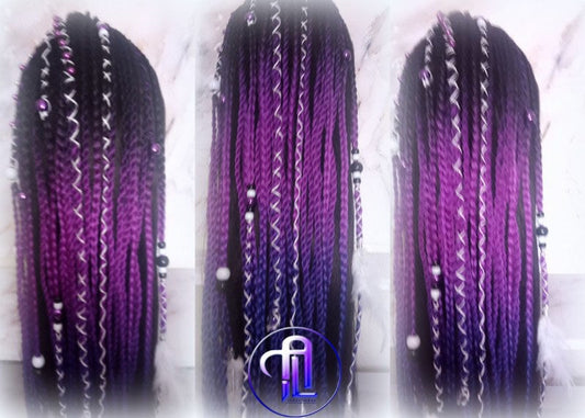 Black Purple Blue Ombre Braids Extension on Hairband Hair Tie Rave Dread Ponytail Boho Hair Falls RenaissanceAccents Feathers synthetic
