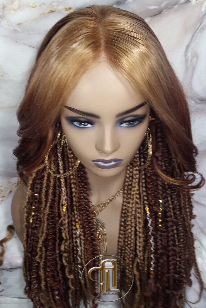 Human Hair Lace Frontal Dread Braid Twist Boho Synthetic Middle Part Bohemian Ombre Brown Blonde Long Wavy Curly Balayage Wig Viking Wig