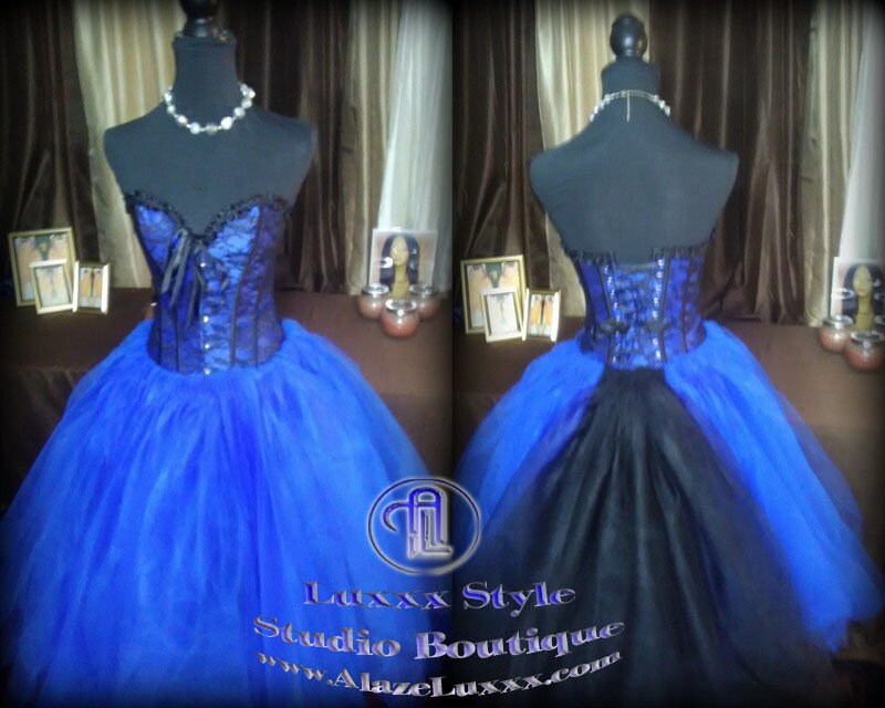 Blue Black Floral Corset Tulle Dress Skirt Wedding Prom Party Dress Burlesque Homecoming Cosplay EDC RAVE Festival TuTu Quinceanera Sweet16