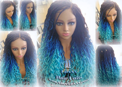 Blue Ombre Goddess Faux Locs Lace Closure w Baby Hairs Faux Loc Wig 4x4 Wig Mermaid curly long rainbow boho bohemian braids wig