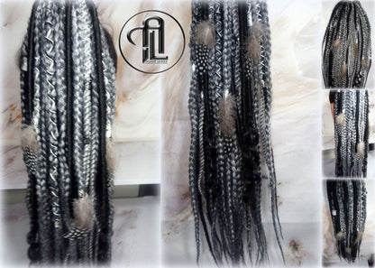Viking Ponytail Hair Fall Extensions Black Silver Grey  Elements Accents Feathers Jungle box braids hair scrunchie Butterfly