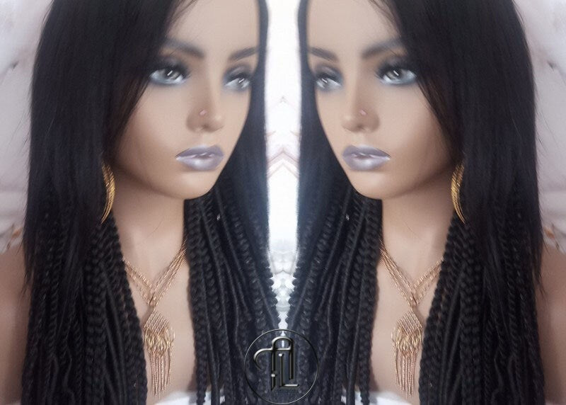 Full Wig with 4x4 Lace Closure Black Braids Dreads Mix Boho Partial Dread Braid Goth Witchy Rave Hair