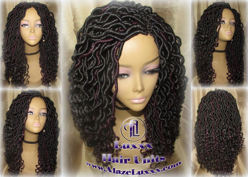 Black 1b Purple Goddess Faux Locs Wavy Curly Crochet 14 16 in Short Medium Braid Wig Black Marley Dreds Braid Wig faux Loc Wig Festival hair