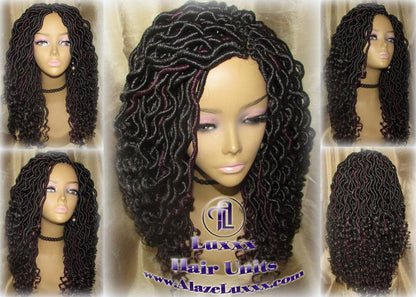 Black 1b Purple Goddess Faux Locs Wavy Curly Crochet 14 16 in Short Medium Braid Wig Black Marley Dreds Braid Wig faux Loc Wig Festival hair