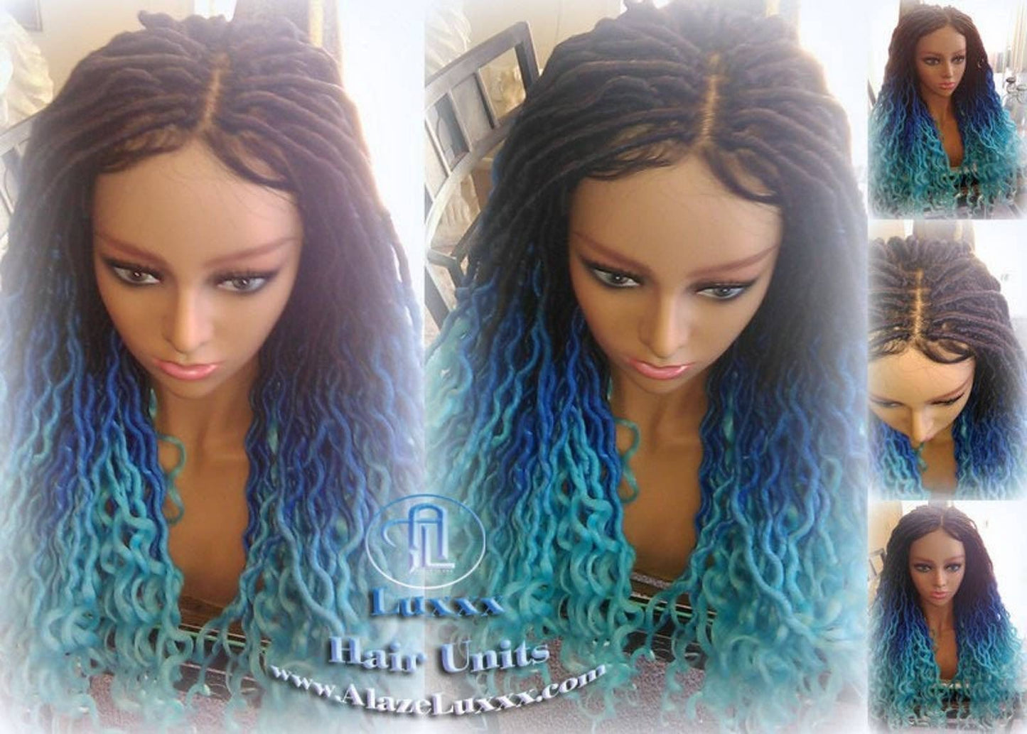 Blue Ombre Goddess Faux Locs Lace Closure w Baby Hairs Faux Loc Wig 4x4 Wig Mermaid curly long rainbow boho bohemian braids wig