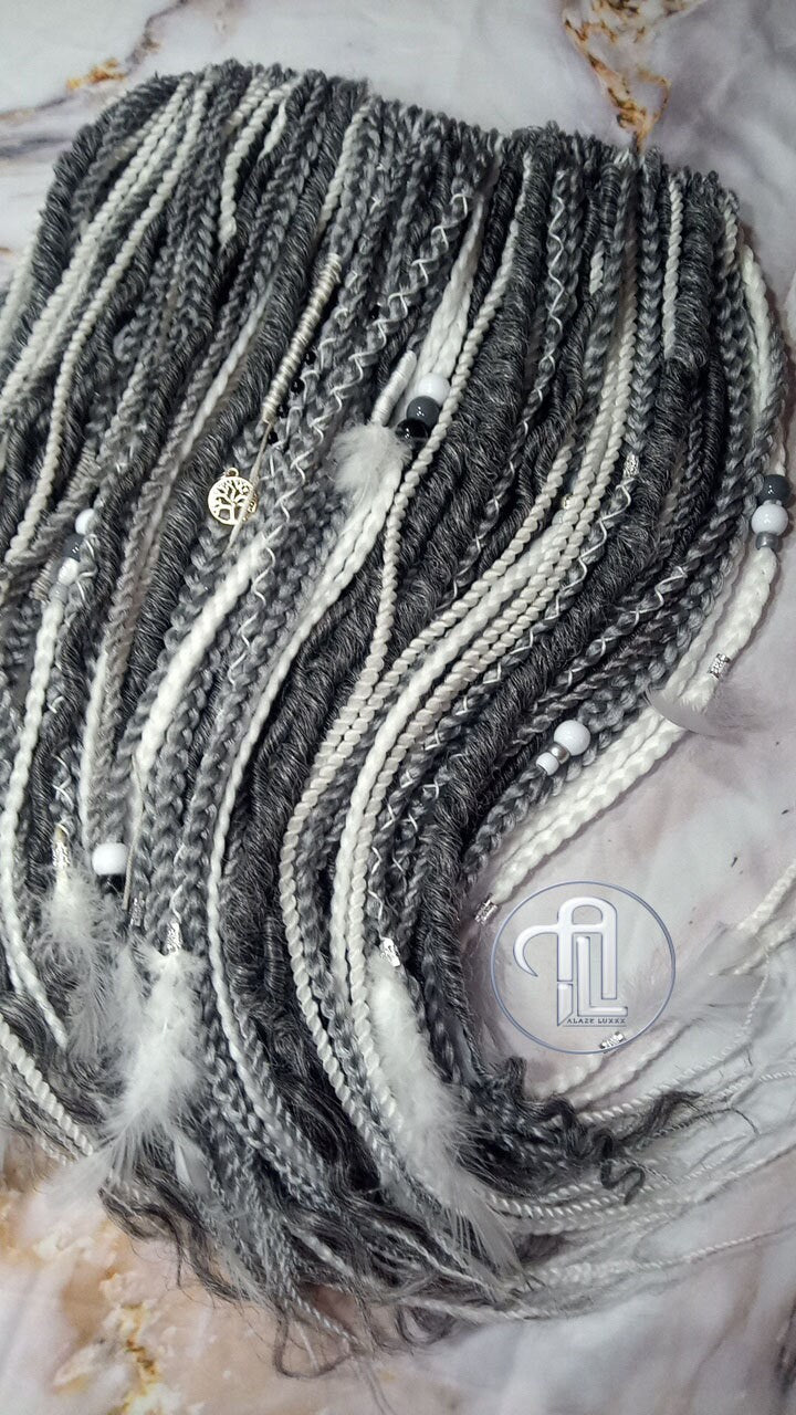 Silver White Grey Single Ended SE  Locs Braids Plaits Hair Extension Boho Festival Burning Man Braid Single Ended Textured Natural Realistic