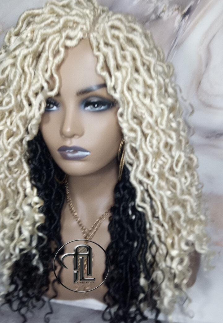 Blonde 613  Black 2 Tone Goddess Faux Locs 14in Short Braid Wig Platinum White Blonde River Locs Wig Gypsy Bohemian Boho Simple Lace Part