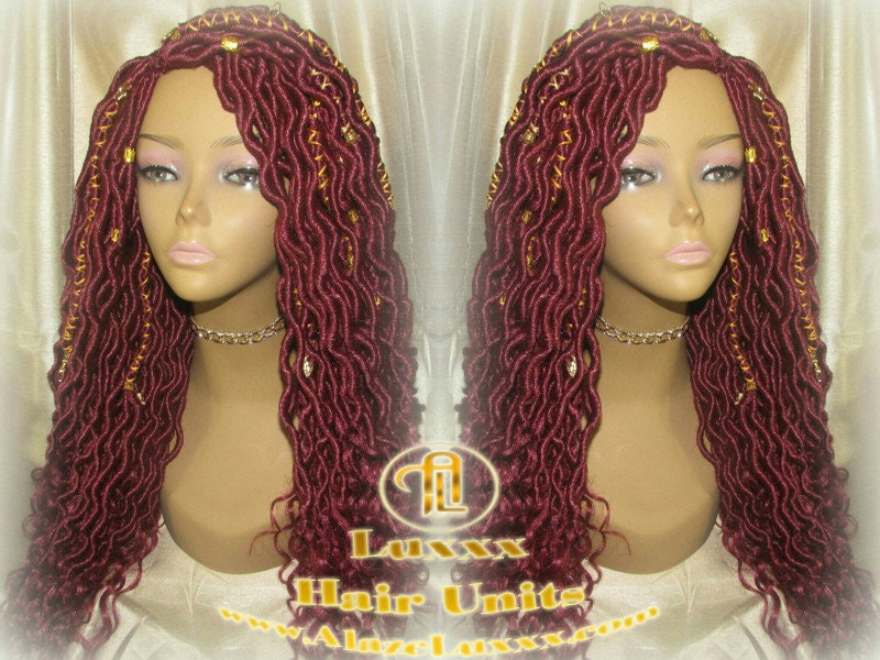 Costume Carnival Festival Hair Wig Rich Red Gold Goddess Faux Loc Braided Wig Gypsy Bohemian Boho Dread DE SE Dred Lock Crochet Braided Wig