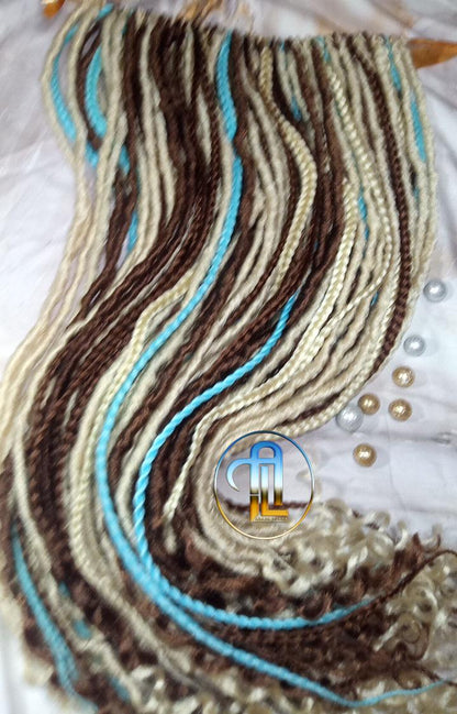 Brown Blonde Blue Set Soft boho Bohemian dreadlocks textured braids wavy dreads  SE Full set Curls dreads and Braids Dragon Braids Locs