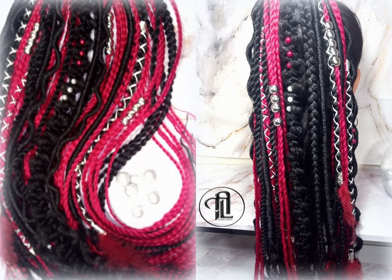 Ponytail Hair Fall Viking Extensions Black Red Elements Accents Feathers synthetic box braids renaissance hair scrunchie kawaii dreadlock