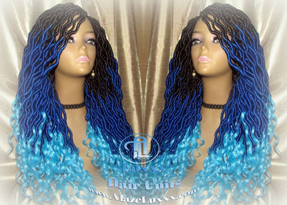 Goddess Faux Locs Blue Ombre curly long wig synthetic dreads crochet braids Mermaid Hair Drag Queen Cosplay Wig Carnival Festival Hair