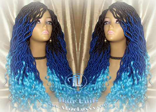 Goddess Faux Locs Blue Ombre curly long wig synthetic dreads crochet braids Mermaid Hair Drag Queen Cosplay Wig Carnival Festival Hair