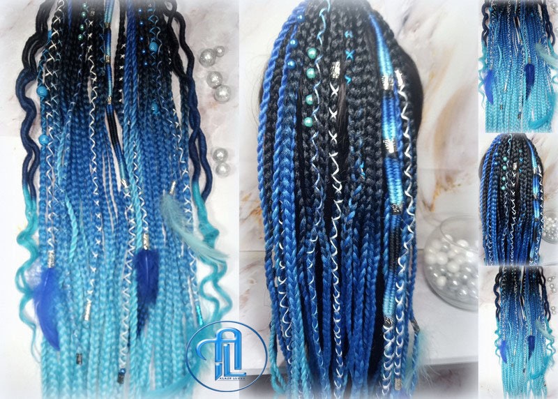 Viking Ponytail Hair Fall Extensions Black Blue  Elements Accents Feathers Jungle box braids hair scrunchie Butterfly