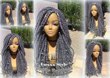 Big Large Fluffy  Storm Silver Grey Gray 44 51 Platinum Metallic Chrome Hair Gypsy Bohemian Boho Goddess Faux Dread Locs Wig Ready to ship