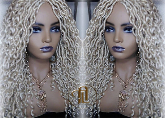 613 Blonde Goddess Faux Locs 14in Short Braid Wig Platinum White Blonde Marley Dred Lock Wig Gypsy Bohemian Boho Lace Part