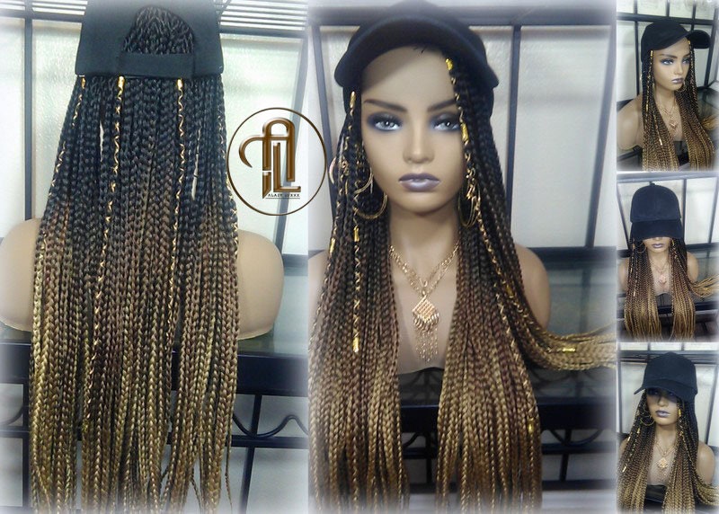 Brown Blonde Ombre Box Braid Hat Wig  Gym Hat Baseball Cap  Braided Hat Wig Women Hair Summer Winter Hat Hair Cap Wig Hat Chemo Hat Alopecia