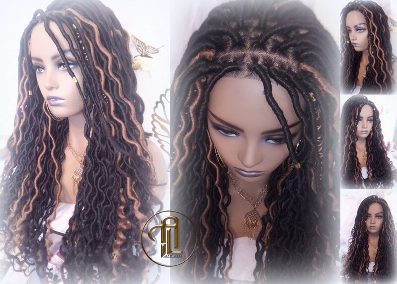 Bohemian Goddess Faux Loc Wig 4x4 Lace Closure No Baby Hairs Dread Wig Wavy Black Dreads Honey Blonde 27 Synthetic Nu Goth Marley Dred Lock