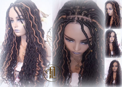 Bohemian Goddess Faux Loc Wig 4x4 Lace Closure No Baby Hairs Dread Wig Wavy Black Dreads Honey Blonde 27 Synthetic Nu Goth Marley Dred Lock