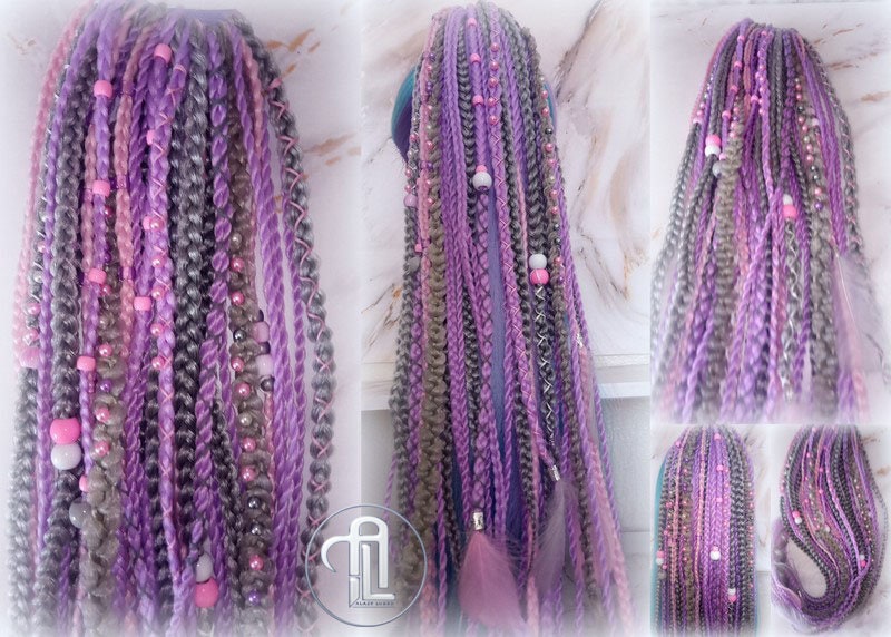 Ponytail Hair Fall Extensions Purple Pink Grey Elements Accents Feathers synthetic box braids hair scrunchie clip in Clip on Braids